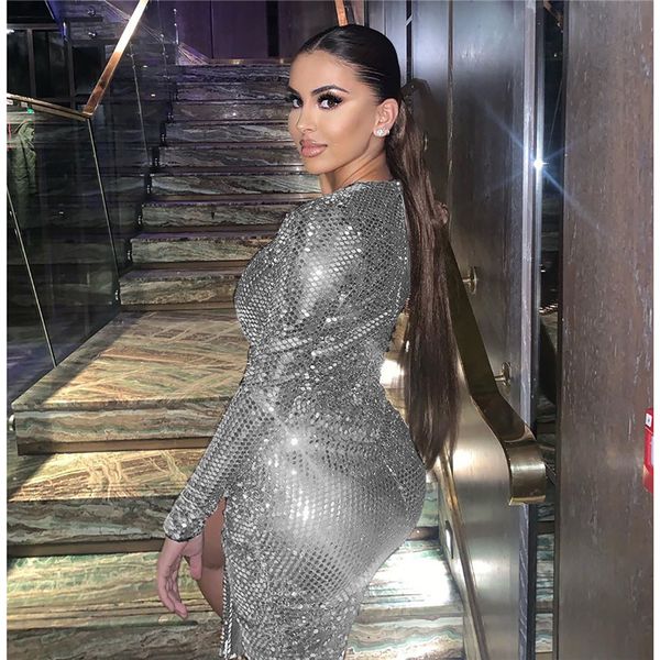 mini dress long sleeve deep v-neck robe sequined elegant bodycon ropa clubwear female night party dress, Black;gray